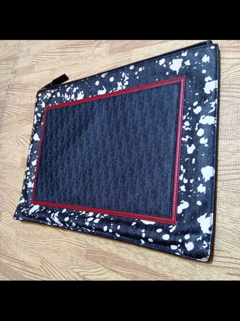 Dior Black and White Splatter Zip Clutch with Red Trim